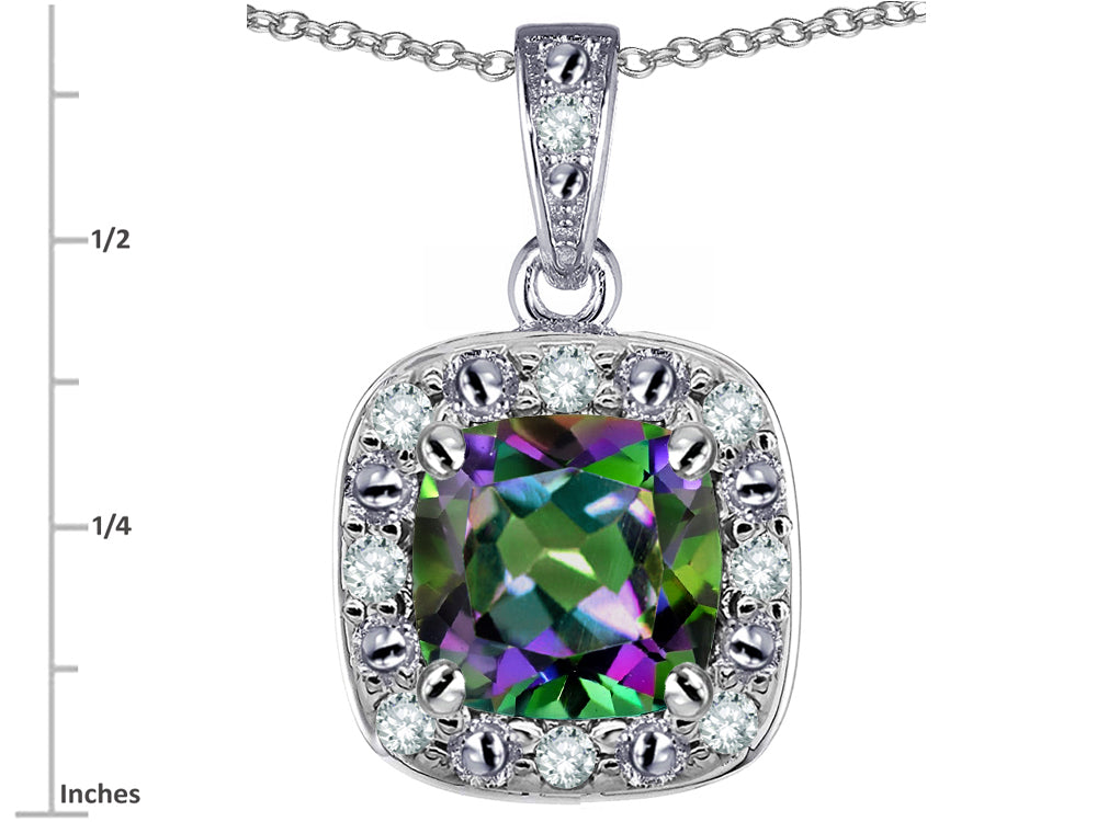 Star K 10k White Gold Cushion-Cut Mystic Topaz Halo Pendant Necklace