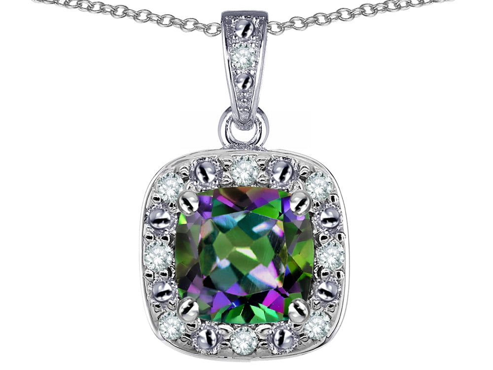 Star K 10k White Gold Cushion-Cut Mystic Topaz Halo Pendant Necklace