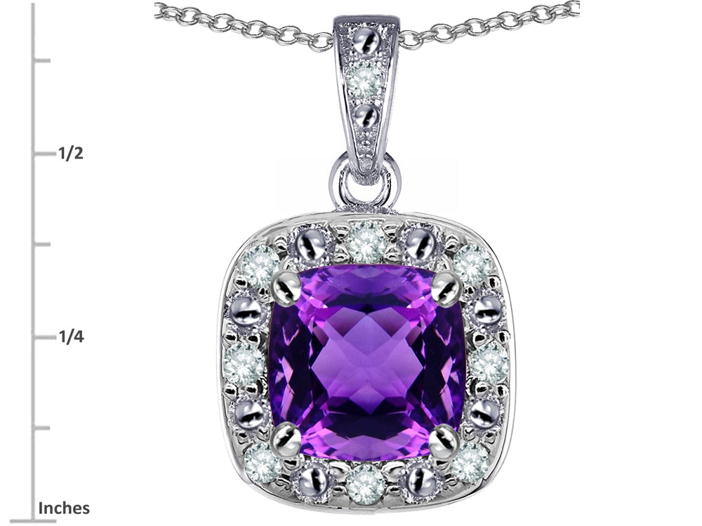 Star K 10k White Gold Cushion-Cut Genuine Amethyst Halo Pendant Necklace