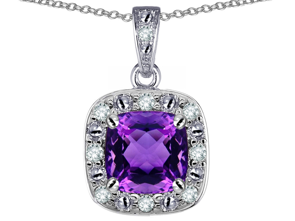 Star K 10k White Gold Cushion-Cut Genuine Amethyst Halo Pendant Necklace