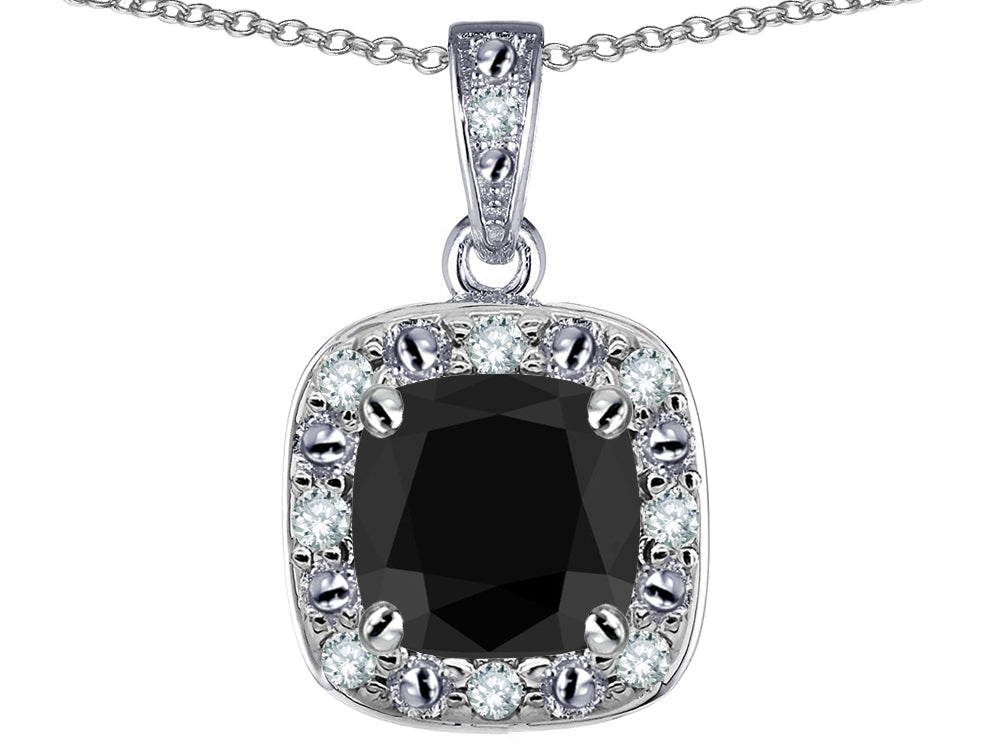 Star K 10k White Gold Cushion-Cut Black Sapphire Halo Pendant Necklace