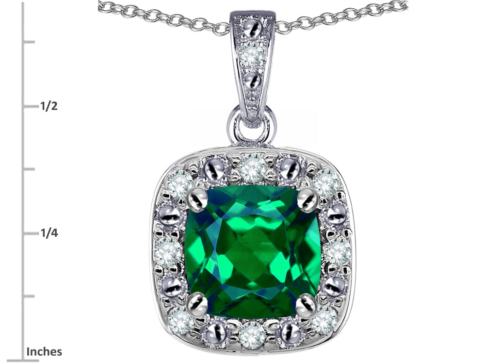 Star K 10k White Gold Cushion-Cut Simulated Emerald Halo Pendant Necklace