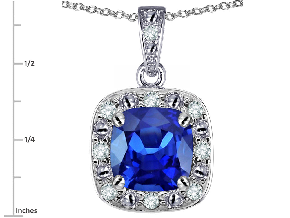 Star K 10k White Gold Cushion-Cut Created Sapphire Halo Pendant Necklace