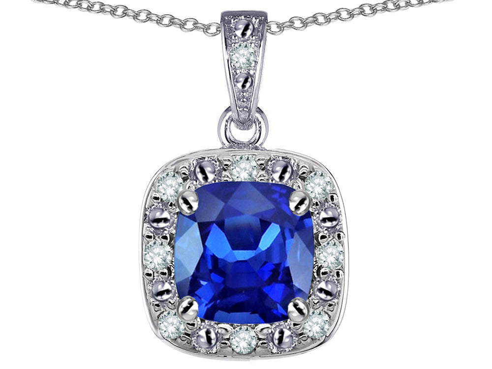 Star K 10k White Gold Cushion-Cut Created Sapphire Halo Pendant Necklace