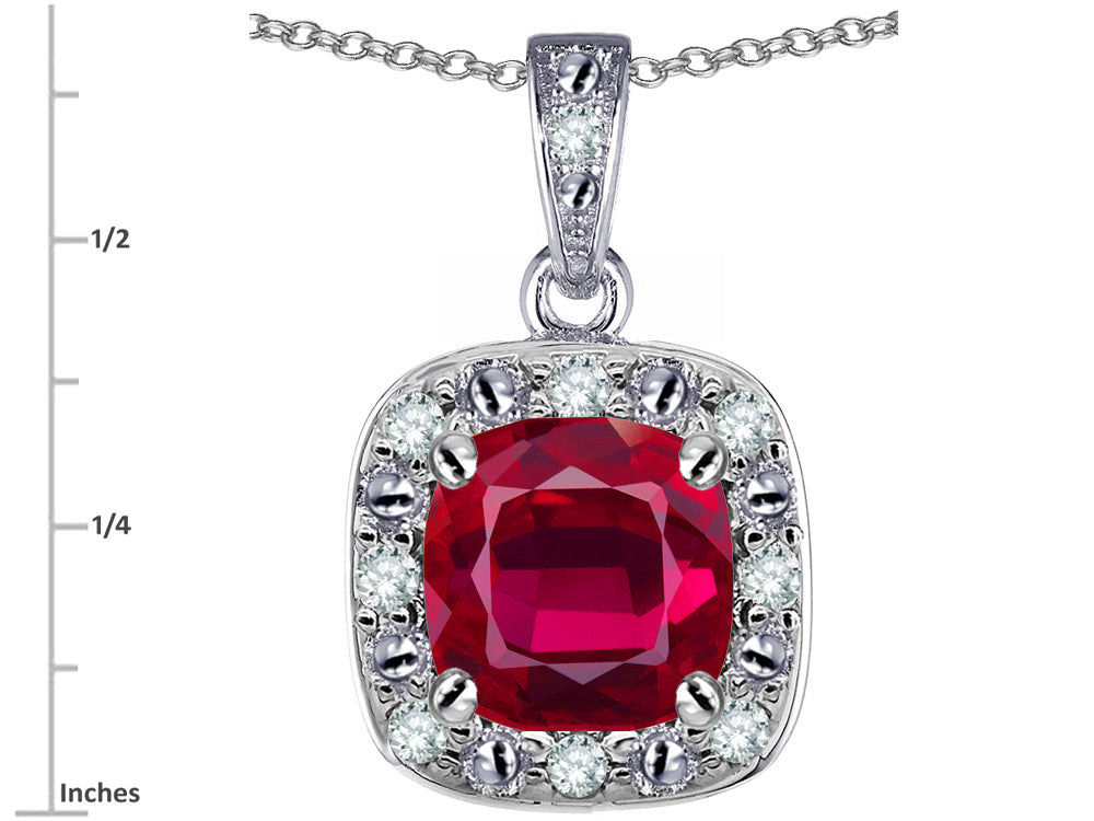 Star K 10k White Gold Cushion-Cut Created Ruby Halo Pendant Necklace