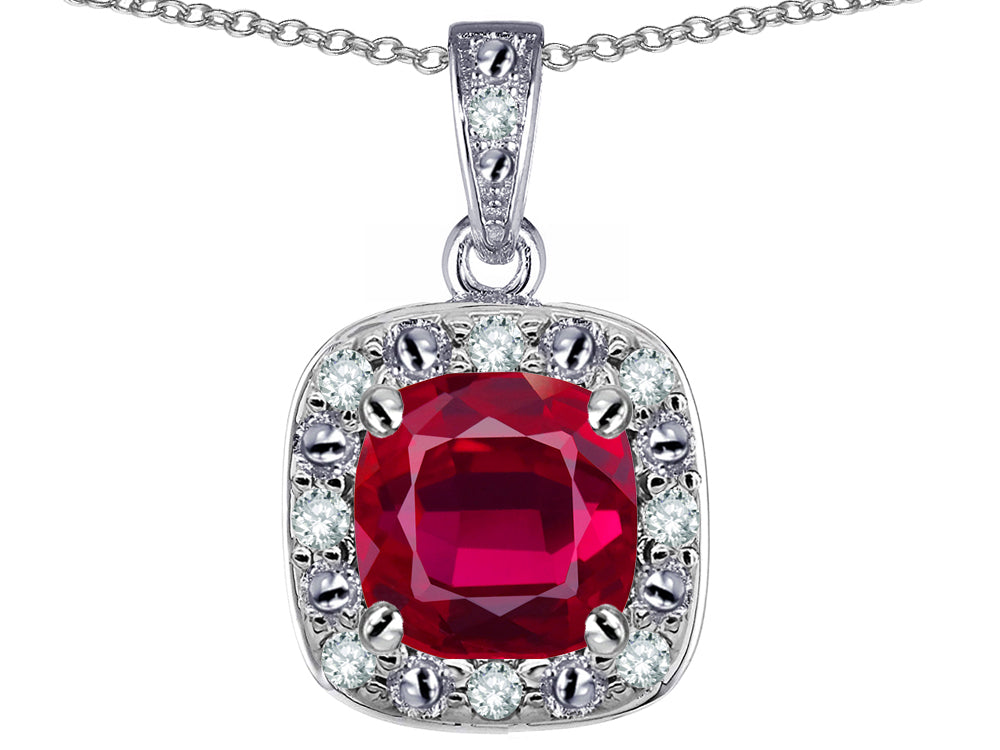 Star K 10k White Gold Cushion-Cut Created Ruby Halo Pendant Necklace