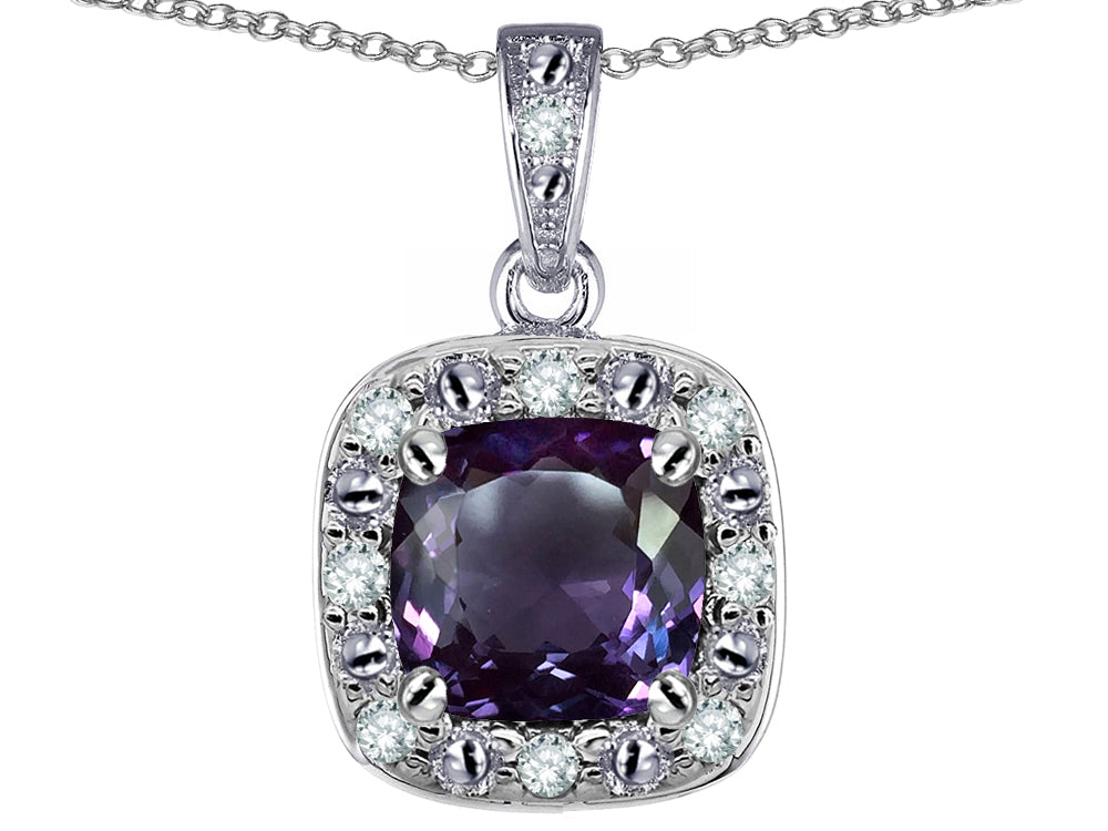 Star K 10k White Gold Cushion-Cut Simulated Alexandrite Halo Pendant Necklace