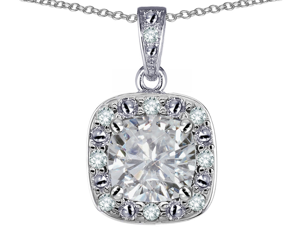 Star K 10k White Gold Cushion-Cut White Topaz Halo Pendant Necklace