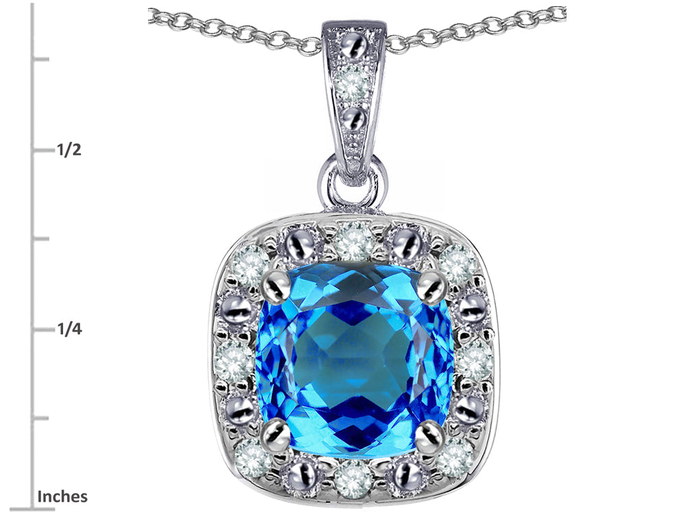 Star K 10k White Gold Cushion-Cut Blue Topaz Halo Pendant Necklace