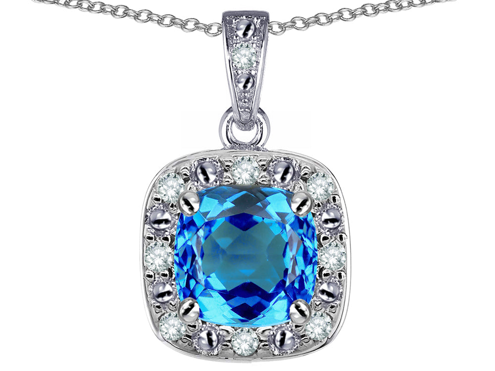 Star K 10k White Gold Cushion-Cut Blue Topaz Halo Pendant Necklace