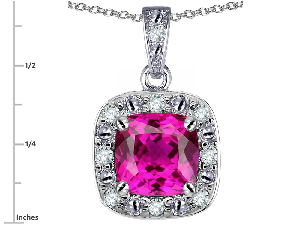 Star K 10k White Gold Cushion-Cut Created Pink Sapphire Halo Pendant Necklace
