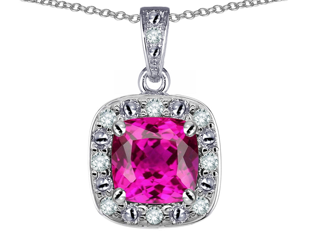 Star K 10k White Gold Cushion-Cut Created Pink Sapphire Halo Pendant Necklace