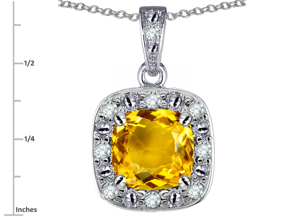 Star K 10k White Gold Cushion-Cut Genuine Citrine Halo Pendant Necklace