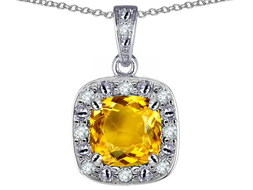 Star K 10k White Gold Cushion-Cut Genuine Citrine Halo Pendant Necklace