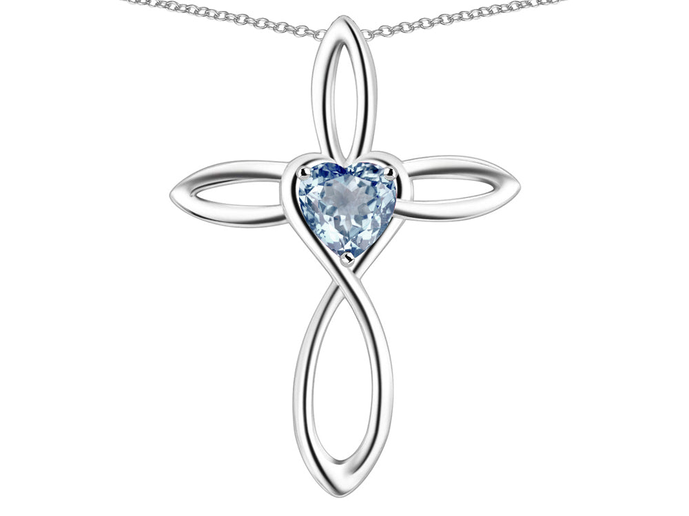 Star K 14k Gold Infinity Love Cross with Genuine Sky Blue Topaz Heart Stone Pendant Necklace