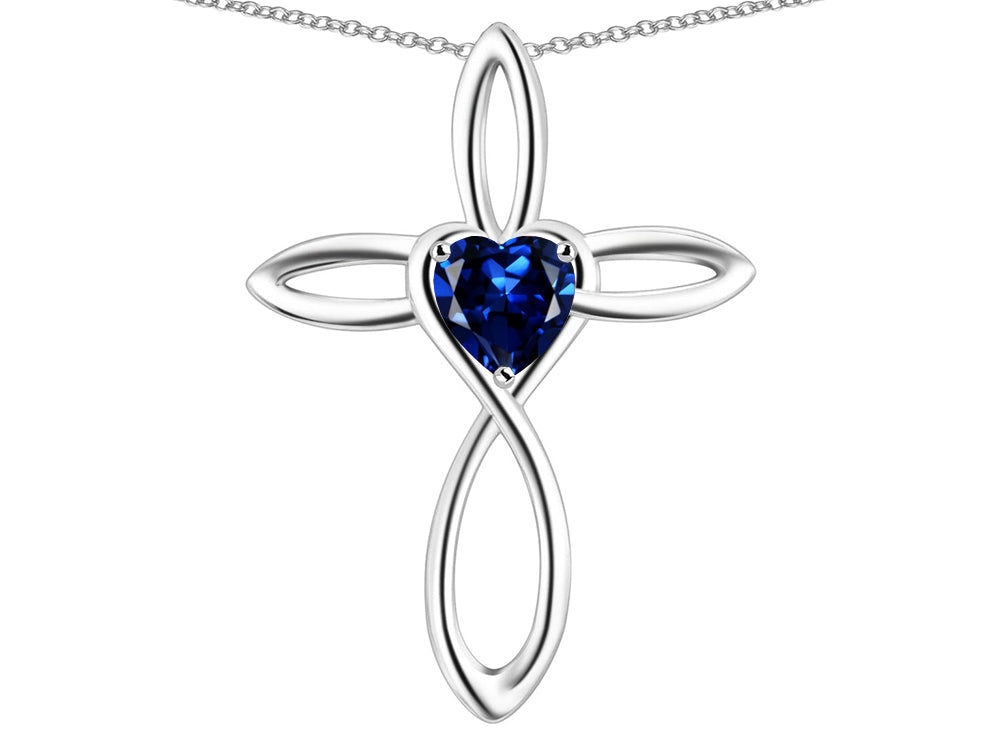 Star K 14k Gold Infinity Love Cross with Created Sapphire Heart Stone Pendant Necklace