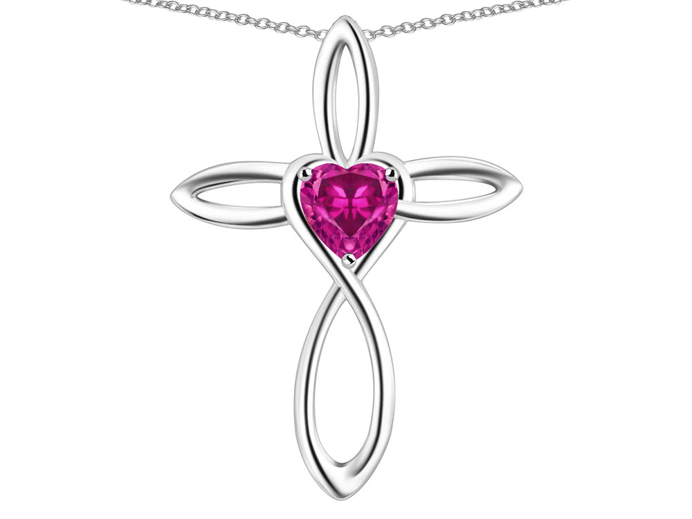 Star K 14k Gold Infinity Love Cross with Simulated Pink Tourmaline Heart Stone Pendant Necklace