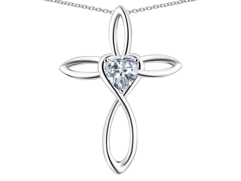Star K 14k Gold Infinity Love Cross with Genuine White Topaz Heart Stone Pendant Necklace