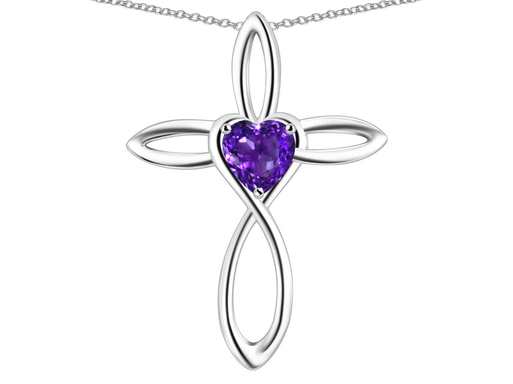 Star K 10k Gold Infinity Love Cross with Genuine Amethyst Heart Stone Pendant Necklace