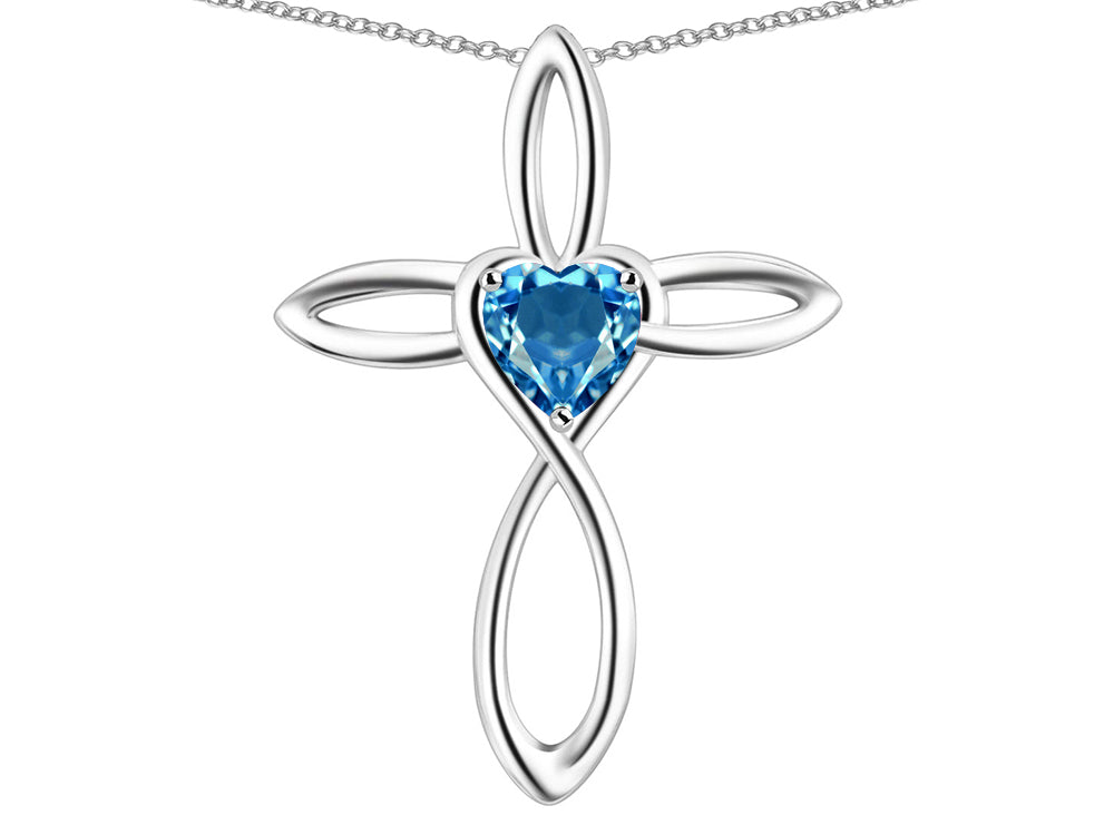 Star K 10k Gold Infinity Love Cross with Genuine Blue Topaz Heart Stone Pendant Necklace