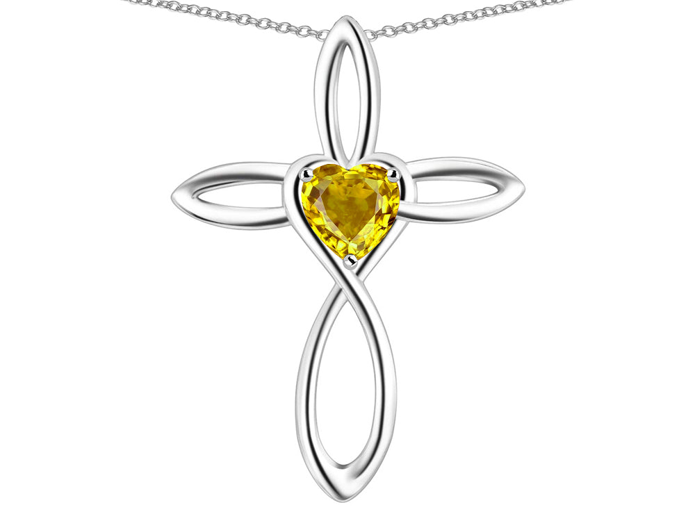 Star K 10k Gold Infinity Love Cross with Genuine Citrine Heart Stone Pendant Necklace