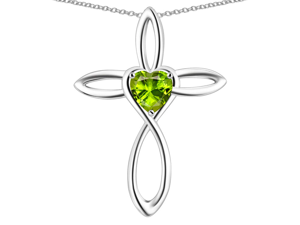Star K 10k Gold Infinity Love Cross with Genuine Peridot Heart Stone Pendant Necklace
