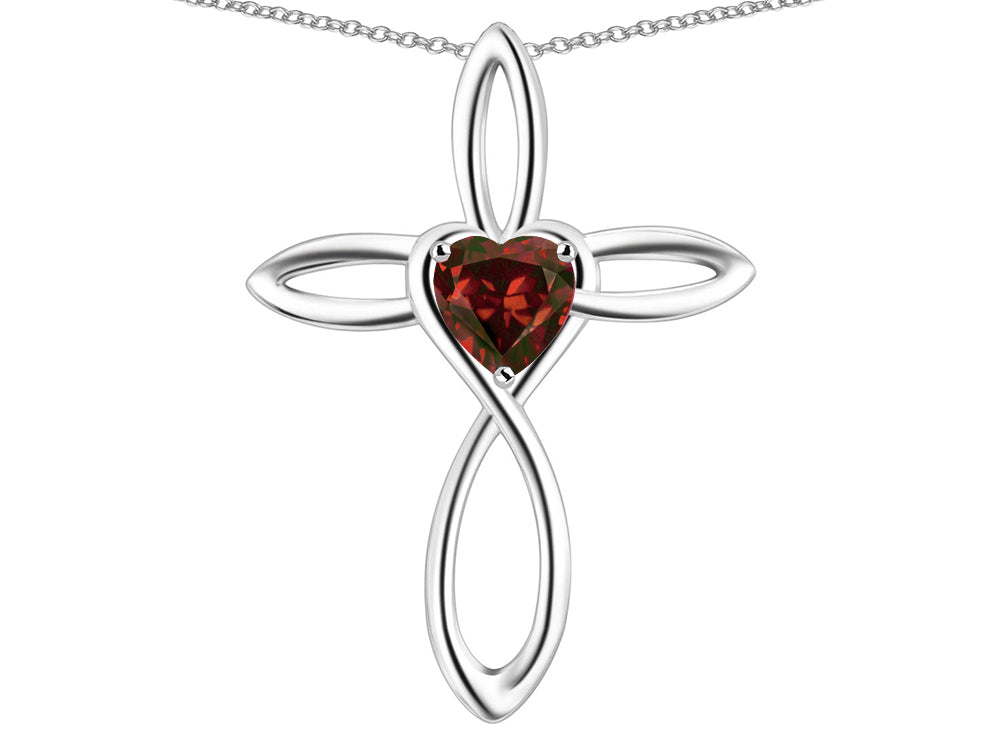 Star K 10k Gold Infinity Love Cross with Genuine Garnet Heart Stone Pendant Necklace