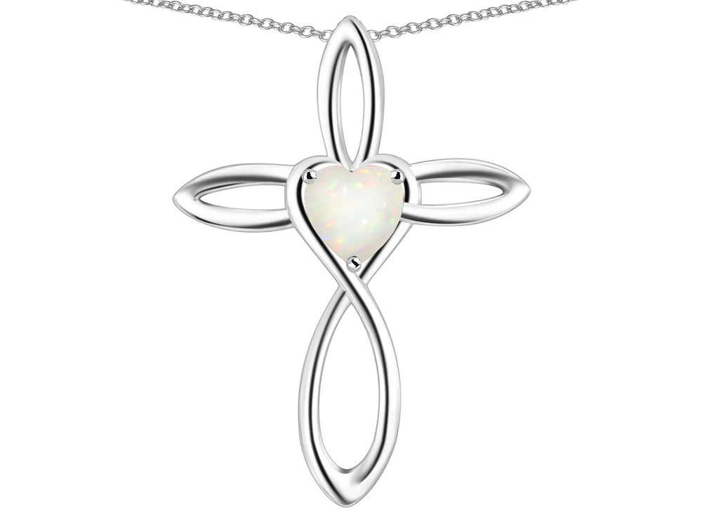 Star K 10k Gold Infinity Love Cross with Genuine Opal Heart Stone Pendant Necklace