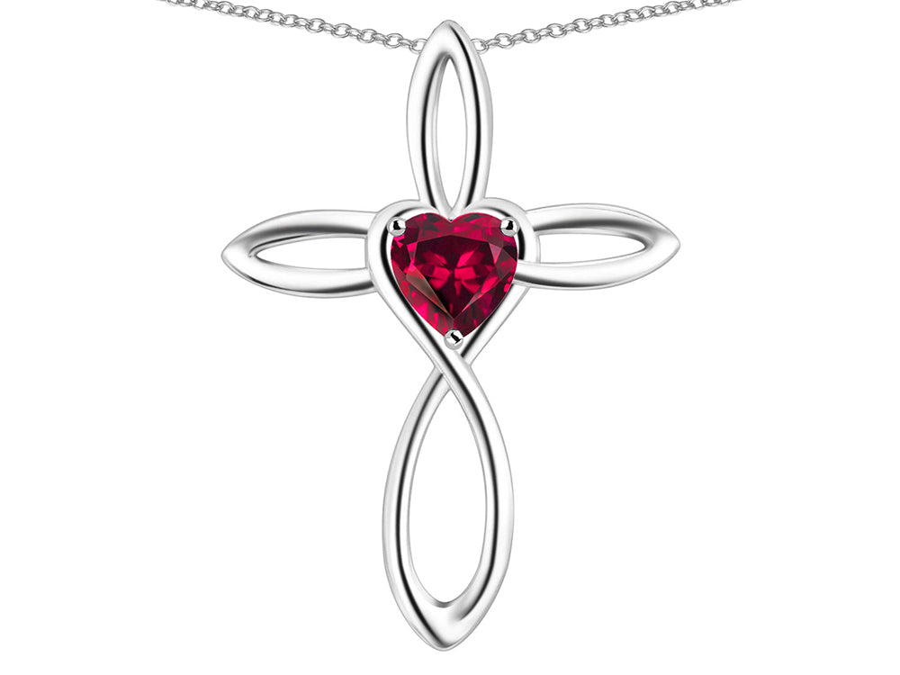 Star K 10k Gold Infinity Love Cross with Created Ruby Heart Stone Pendant Necklace