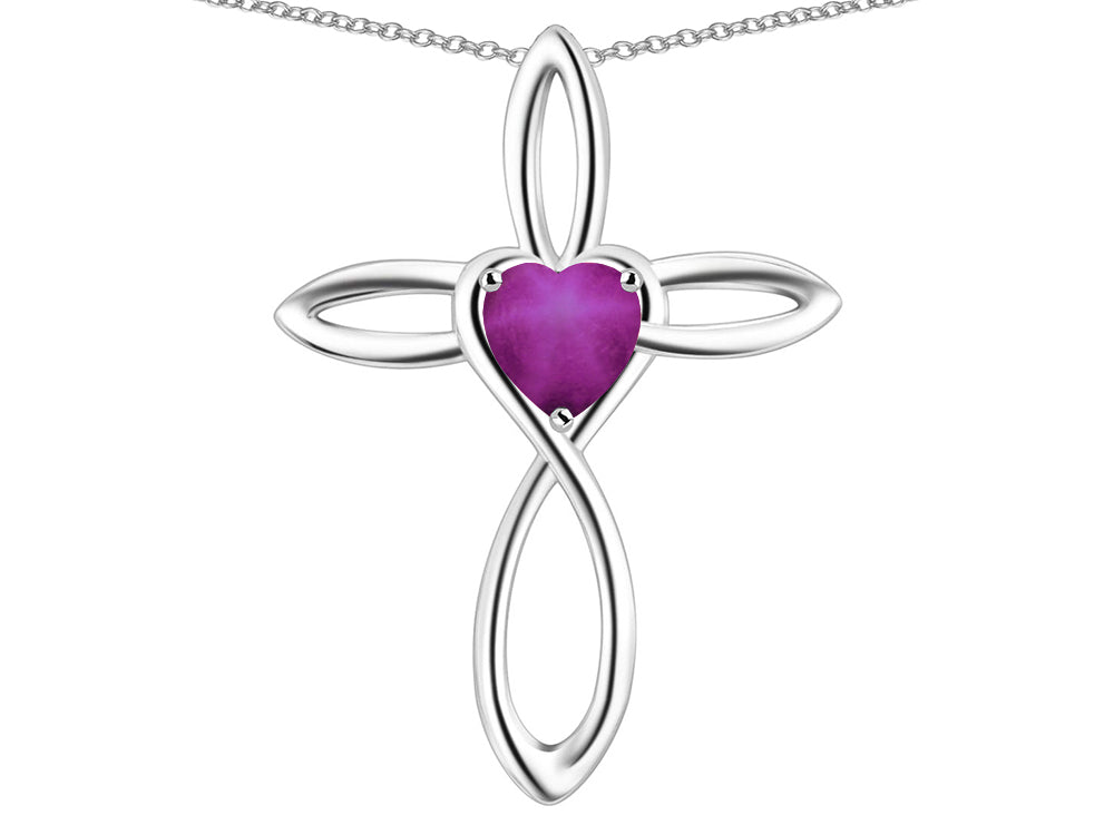 Star K 10k Gold Infinity Love Cross with Created Star Ruby Heart Stone Pendant Necklace