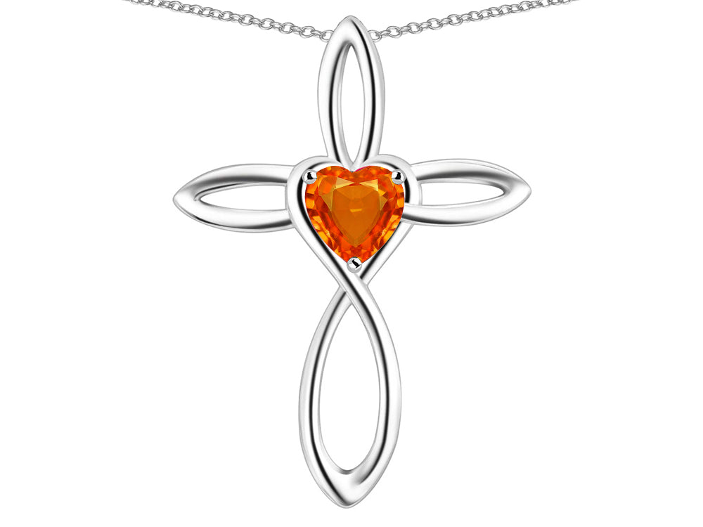 Star K 10k Gold Infinity Love Cross with Simulated Fire Opal Heart Stone Pendant Necklace