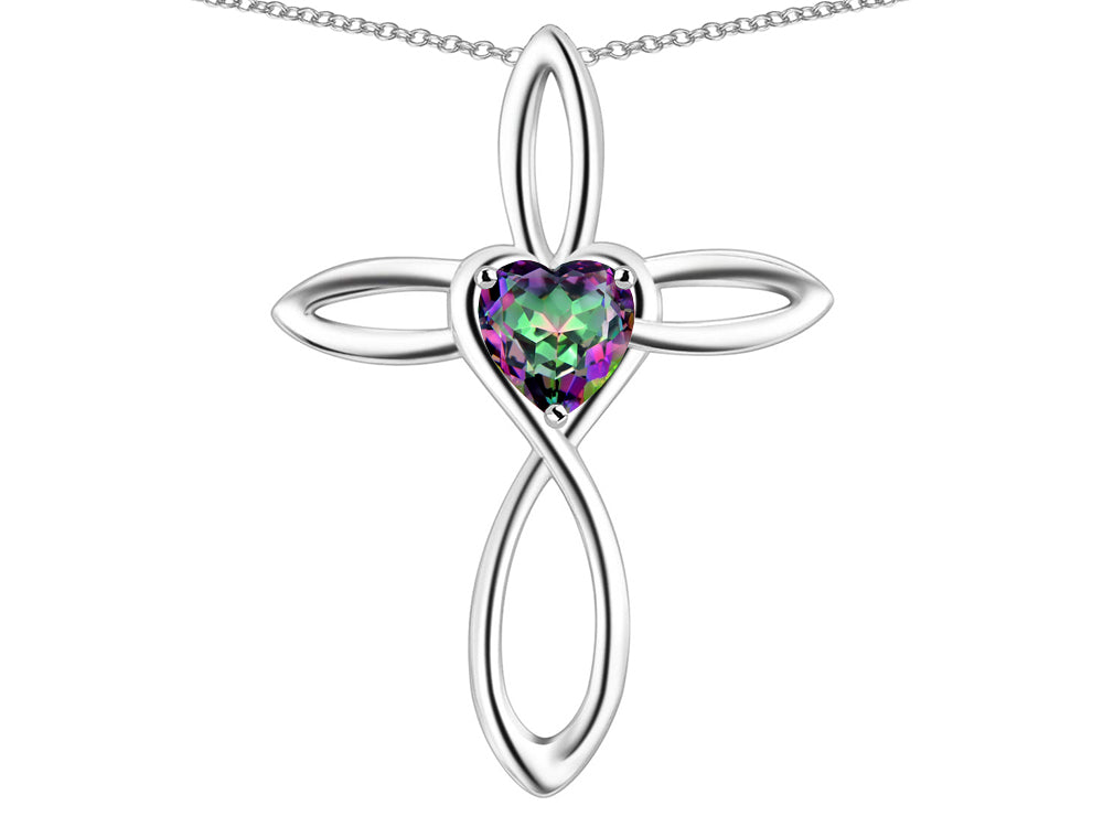 Star K 10k Gold Infinity Love Cross with Rainbow Mystic Topaz Heart Stone Pendant Necklace