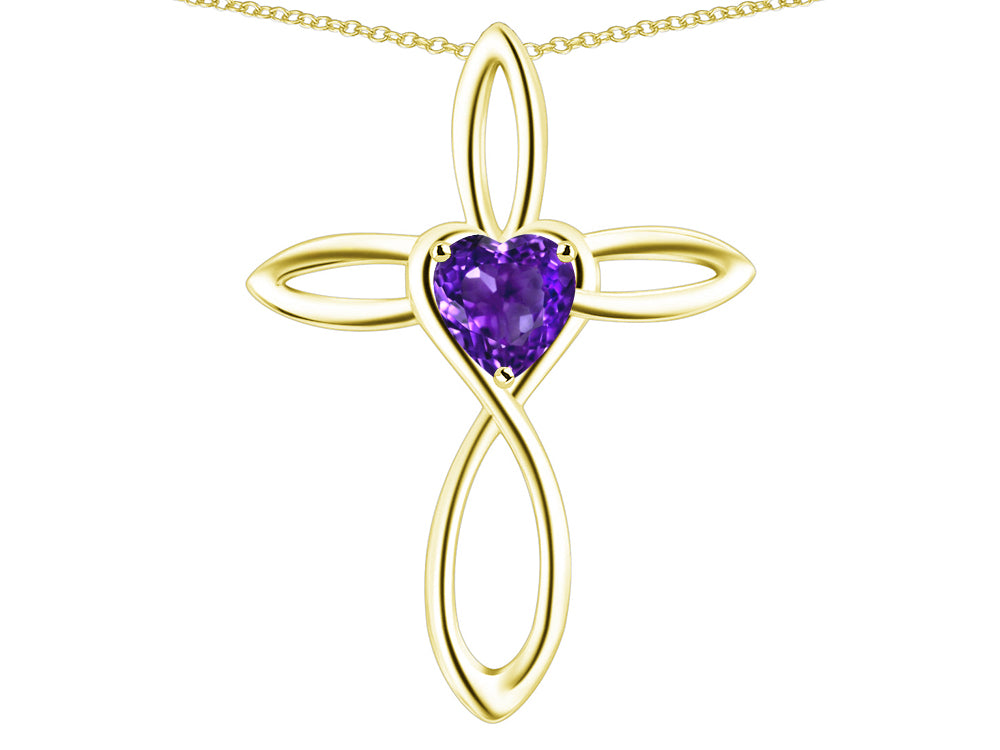 Star K 14k Gold Infinity Love Cross with Genuine Amethyst Heart Stone Pendant Necklace