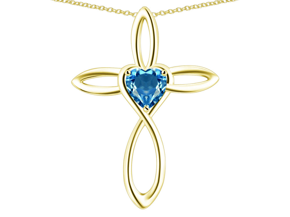 Star K 14k Gold Infinity Love Cross with Genuine Blue Topaz Heart Stone Pendant Necklace