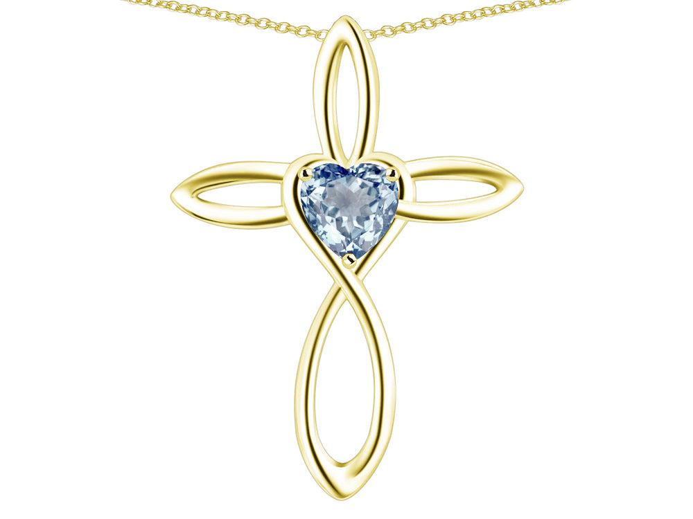 Star K 14k Gold Infinity Love Cross with Genuine Sky Blue Topaz Heart Stone Pendant Necklace