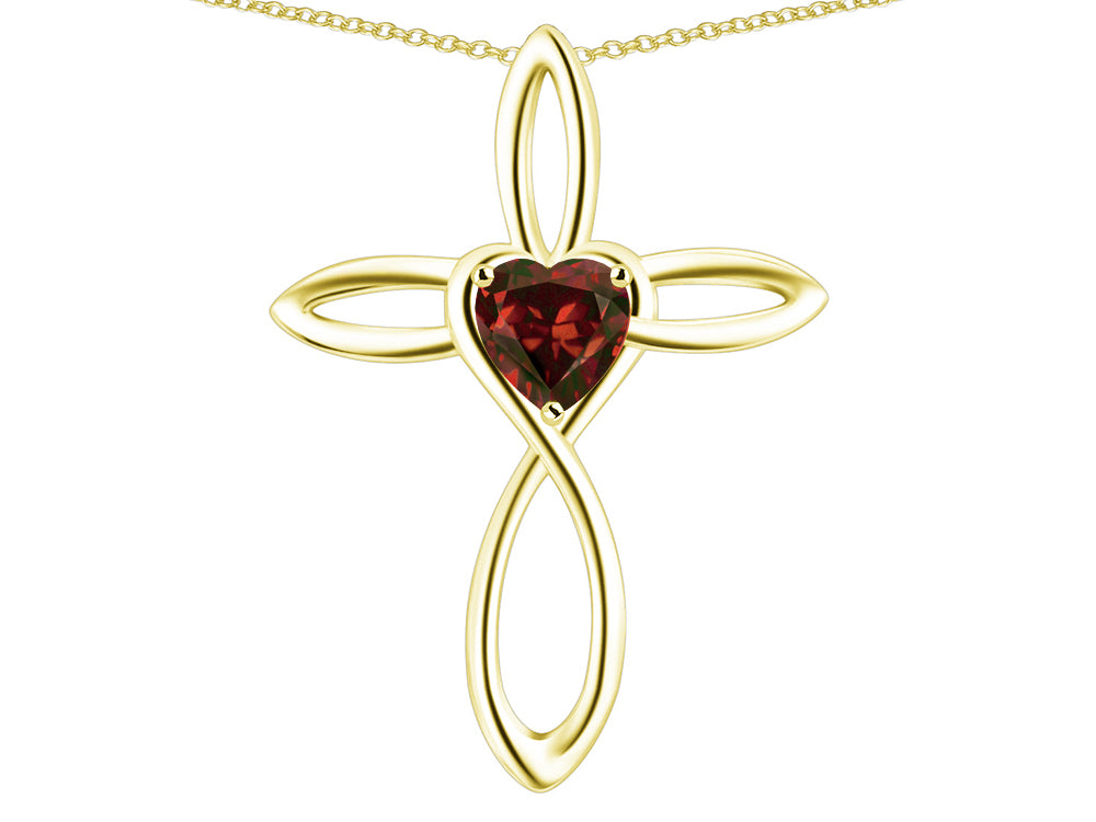 Star K 14k Gold Infinity Love Cross with Genuine Garnet Heart Stone Pendant Necklace