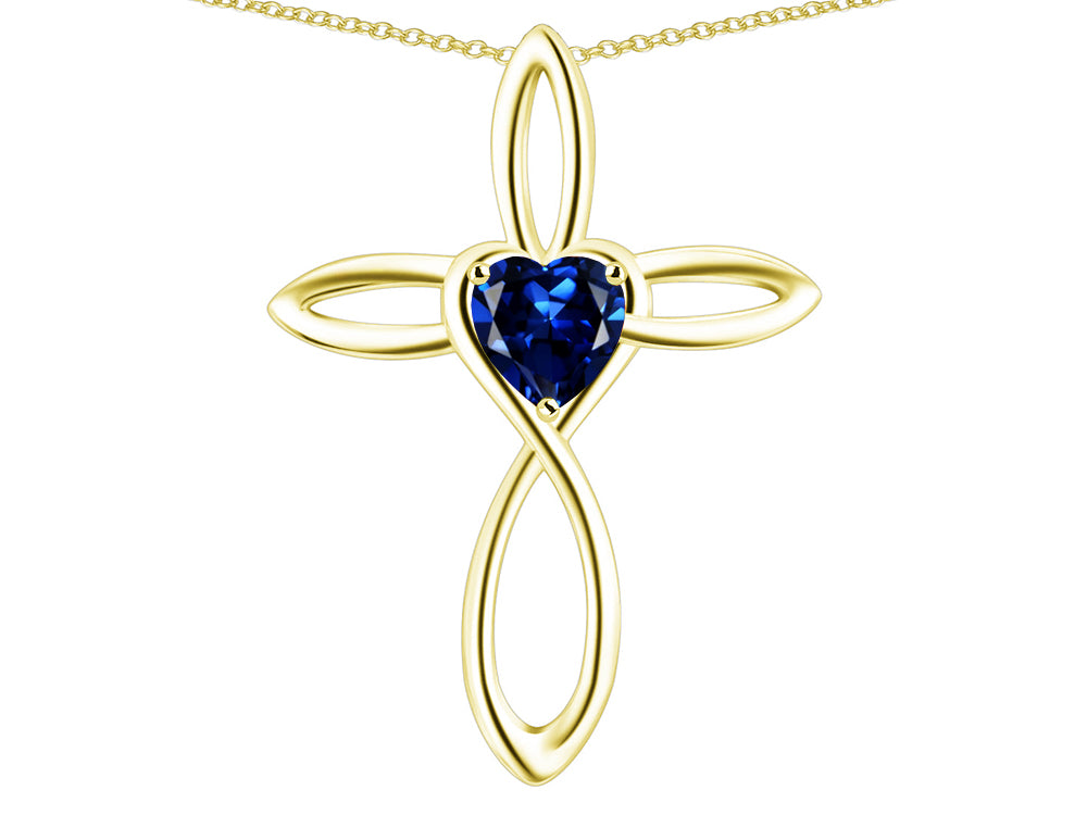 Star K 14k Gold Infinity Love Cross with Created Sapphire Heart Stone Pendant Necklace