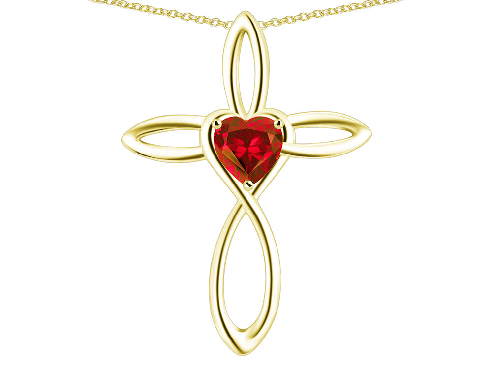 Star K 14k Gold Infinity Love Cross with Created Ruby Heart Stone Pendant Necklace