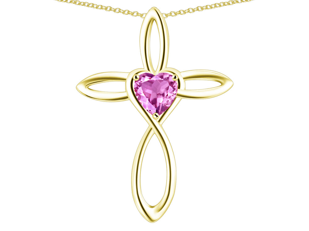 Star K 14k Gold Infinity Love Cross with Created Pink Sapphire Heart Stone Pendant Necklace