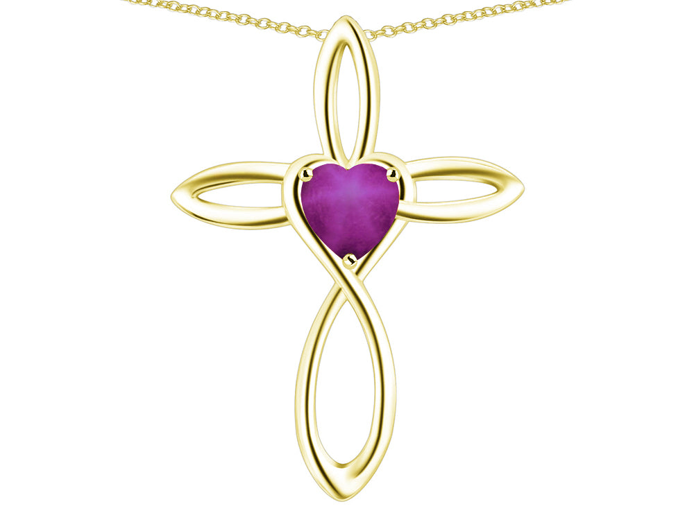 Star K 14k Gold Infinity Love Cross with Created Star Ruby Heart Stone Pendant Necklace