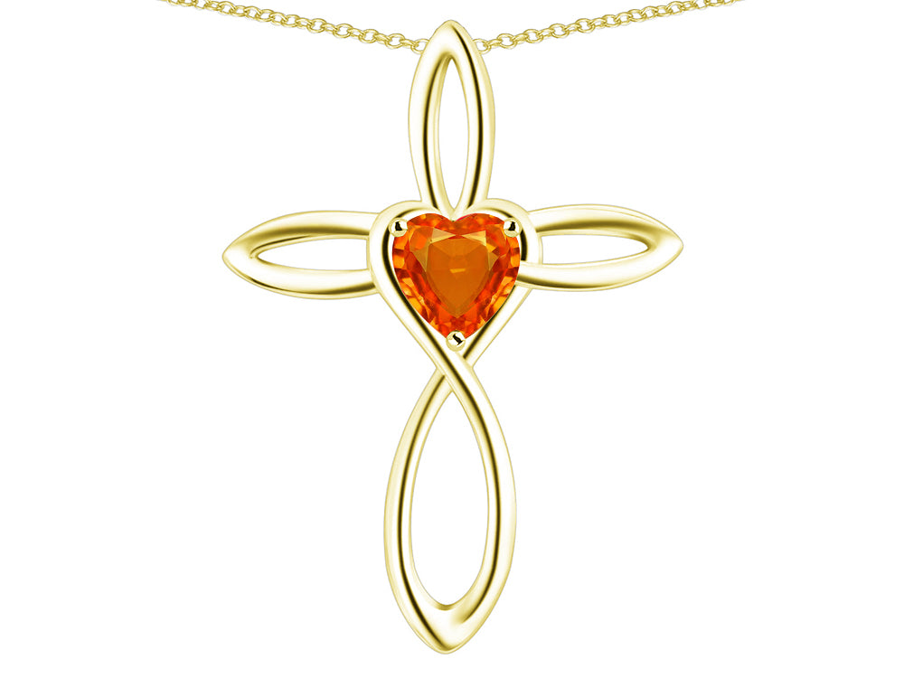 Star K 14k Gold Infinity Love Cross with Simulated Fire Opal Heart Stone Pendant Necklace