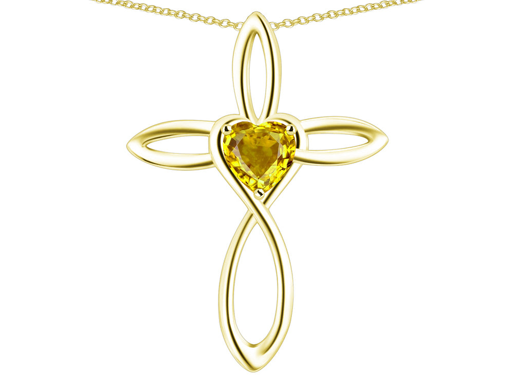 Star K 10k Gold Infinity Love Cross with Genuine Citrine Heart Stone Pendant Necklace