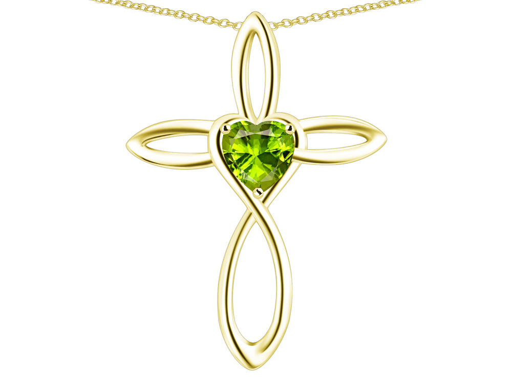 Star K 10k Gold Infinity Love Cross with Genuine Peridot Heart Stone Pendant Necklace