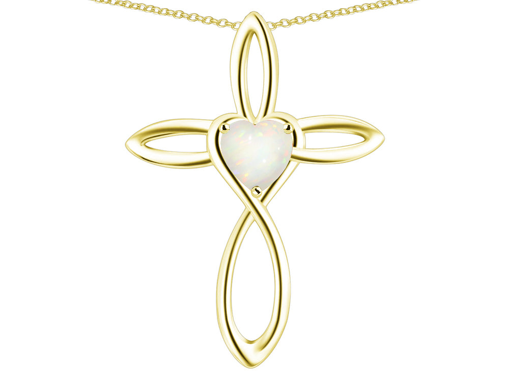 Star K 10k Gold Infinity Love Cross with Genuine Opal Heart Stone Pendant Necklace