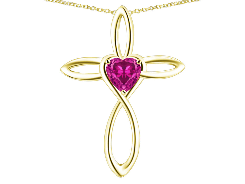 Star K 10k Gold Infinity Love Cross with Simulated Pink Tourmaline Heart Stone Pendant Necklace
