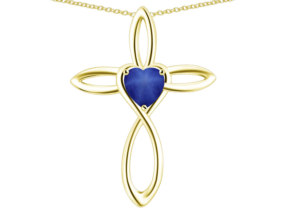 Star K 10k Gold Infinity Love Cross with Created Star Sapphire Heart Stone Pendant Necklace