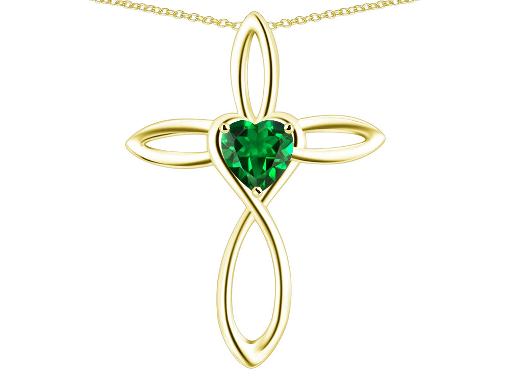 Star K 10k Gold Infinity Love Cross with Simulated Emerald Heart Stone Pendant Necklace