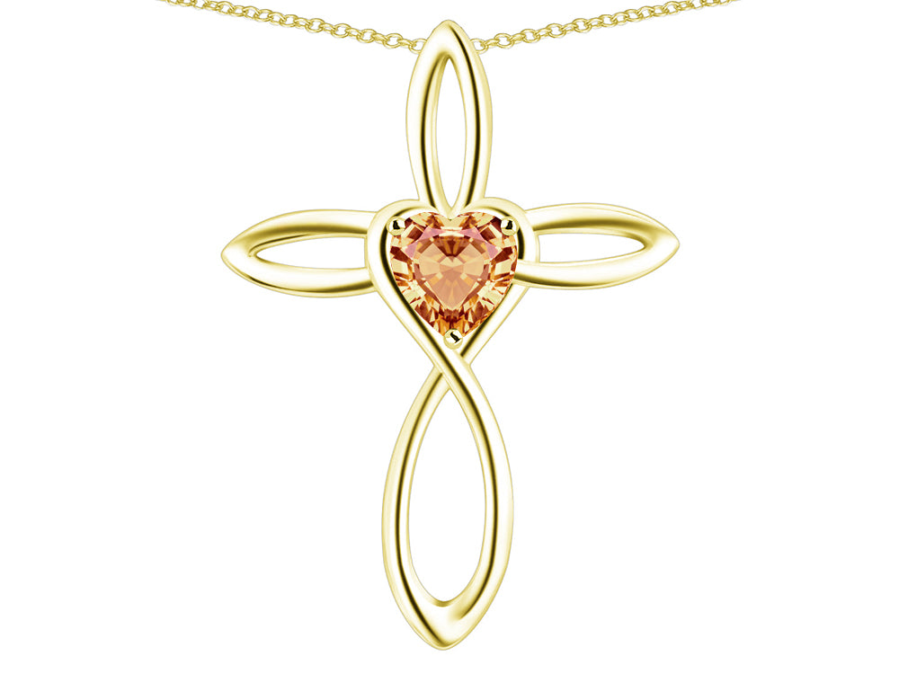 Star K 10k Gold Infinity Love Cross with Simulated Imperial Yellow Topaz Heart Stone Pendant Necklace