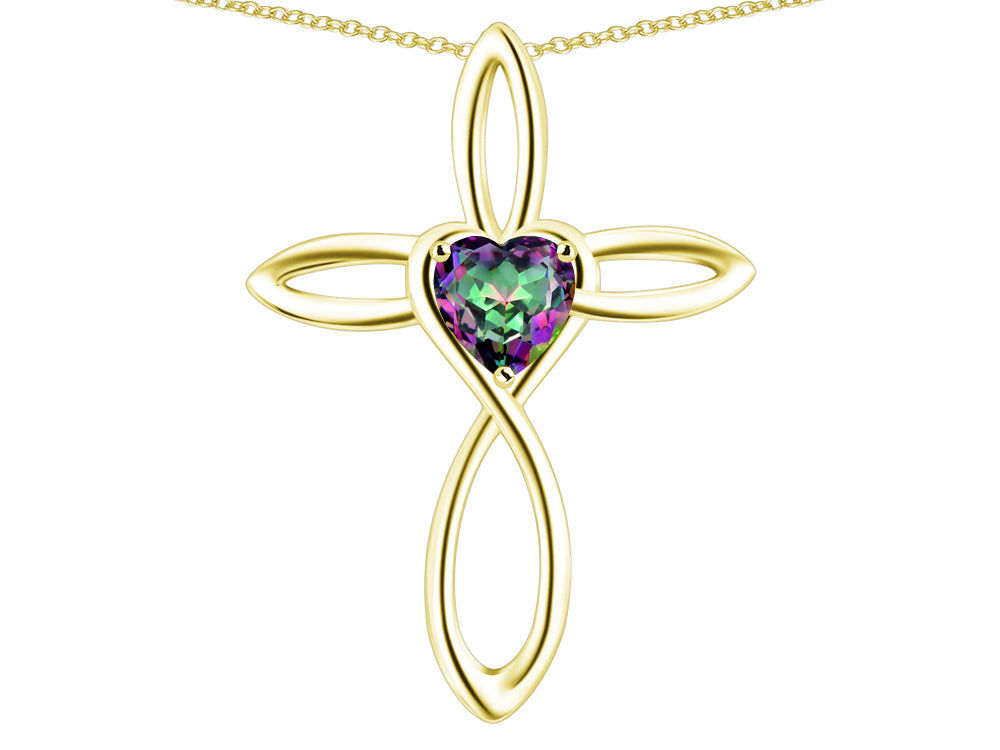 Star K 10k Gold Infinity Love Cross with Rainbow Mystic Topaz Heart Stone Pendant Necklace