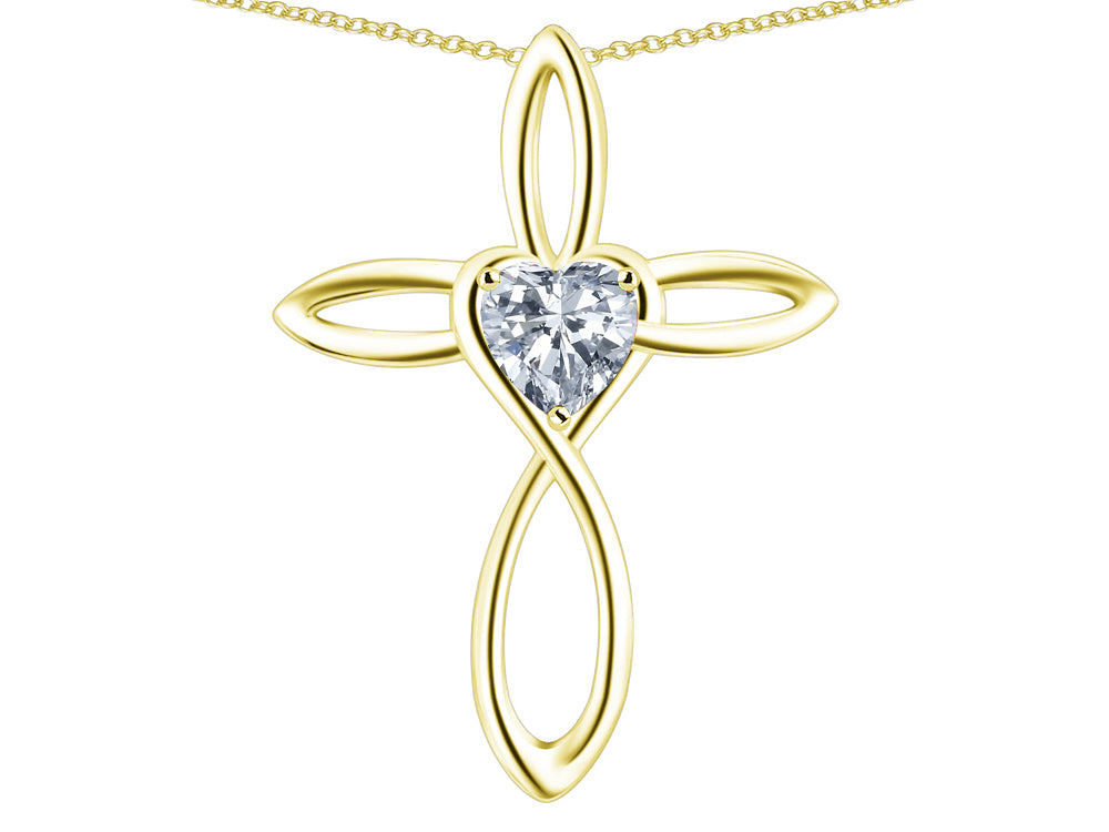Star K 10k Gold Infinity Love Cross with Genuine White Topaz Heart Stone Pendant Necklace